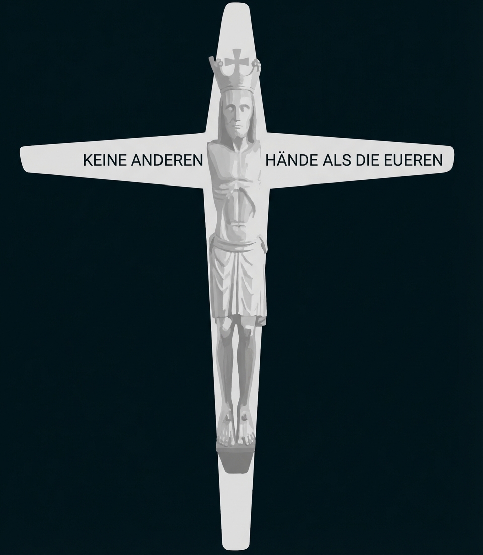 Gekröntes Christus-Kruzifix aus Holz, frontal, schlanker Körper auf langem Kreuz